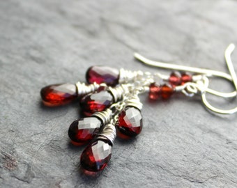 Garnet Earrings Red Gemstone Earrings Delicate Cascade Sterling Silver January Birthstone Earrings