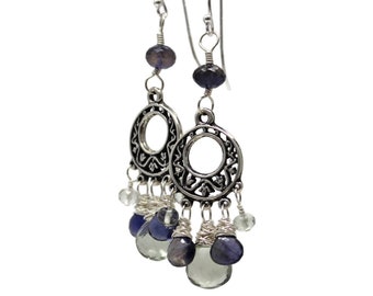 Grüner Amethyst Chandelier Ohrringe Prasiolit Iolith Sterling Silber Boho Edelstein Ohrringe