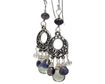 Green Amethyst Chandelier Earrings Prasiolite Iolite Sterling Silver Boho Gemstone Earrings