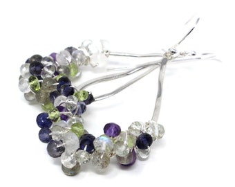 Multi Gemstone Statement Earrings Woven Beaded Iolite Moonstone Peridot Sterling Silver