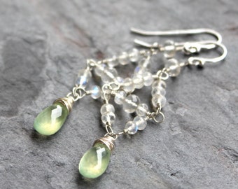 Prehnite Moonstone Beaded Chandelier Earrings Sterling Silver White Green