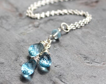 Blue Topaz Necklace Sterling Silver Pendant Briolette Gemstone Dangling Cascade November Birthstone