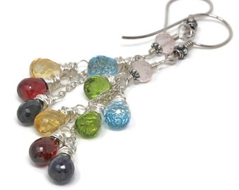 Ombre Multi Gemstone Earrings Sterling Silver Cascade Rainbow Cluster