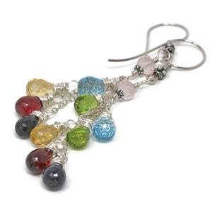 Ombre Multi Gemstone Earrings Sterling Silver Cascade Rainbow Cluster