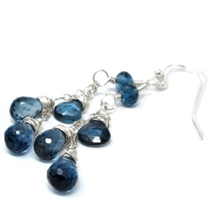 London Blue Topaz Earrings Sterling Silver Briolette Faceted Gemstone image 2