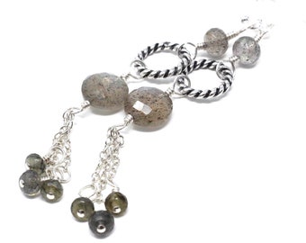Labradorite Earrings Silver Chain Dangle Earrings Grey Stone Modern Sterling Silver