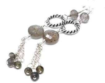 Labradorite Dangle Earrings: Sterling Silver Chain, Modern Stone