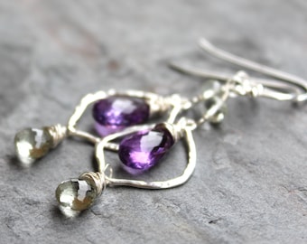 Amethyst-Ohrringe, Geburtsstein Februar, lang, baumelnd, grün-lila Tropfen, Sterlingsilber
