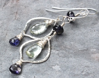 Green Amethyst Iolite Earrings Sterling Silver Hammered Lanterns Prasiolite Earrings