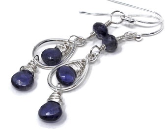 Iolite Earrings Teardrop Blue Gemstone Earrings Dangle Sterling Silver Petite Faceted Violet