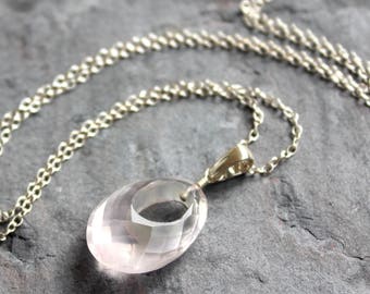 Unique Oval  Rose Quartz Necklace Pendant Pink Gemstone Sterling Silver