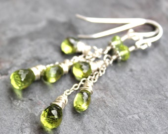 Dangling Peridot Earrings Sterling Silver Gemstone Cascade August Birthstone