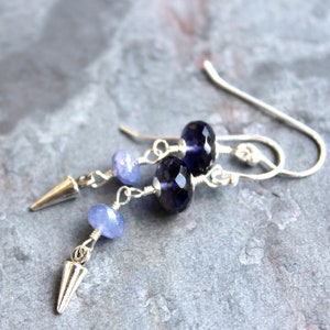 Iolite Earrings Sterling Silver Tanzanite Blue Gemestones with Dagger pointed drop dangles image 1