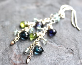 Zarte London Blauer Topas Ohrringe Multi Edelstein Peridot Iolith Aquamarin Sterling Silber