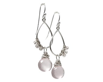 Rose Quartz Gemstone Earrings Sterling Silver Teardrops Handmade