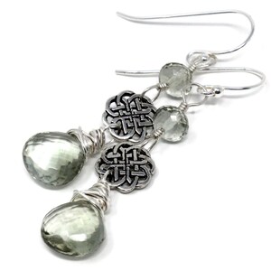 Prasiolite Earrings Green Amethyst Celtic Knot Sterling Silver Dangle Earrings