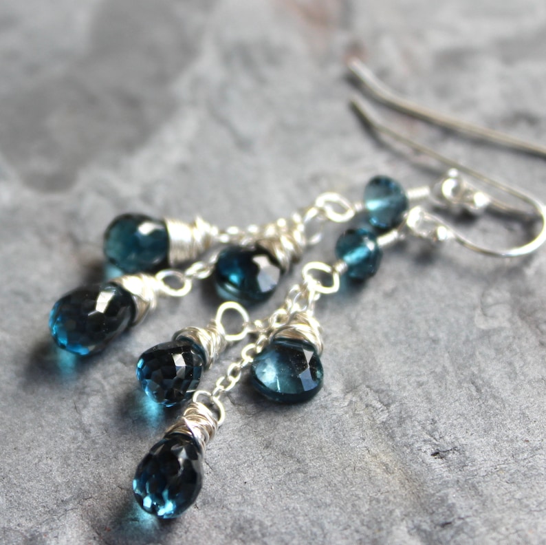 London Blue Topaz Earrings Sterling Silver Briolette Faceted Gemstone image 8