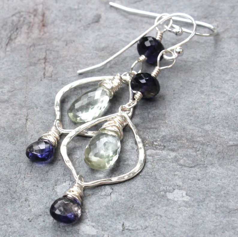 Green Amethyst Iolite Earrings Sterling Silver Hammered Lanterns Prasiolite Earrings image 4