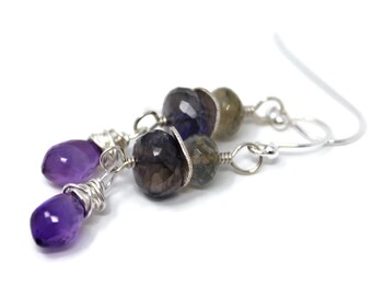 Boucles d'oreilles Améthyste Multi Gemstone Sterling Silver Iolite Labradorite Beaded Dangles