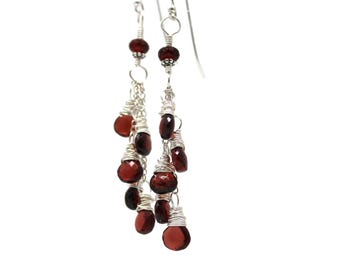 Garnet Cascade Earrings: Sterling Silver Dangle Gemstone Cluster