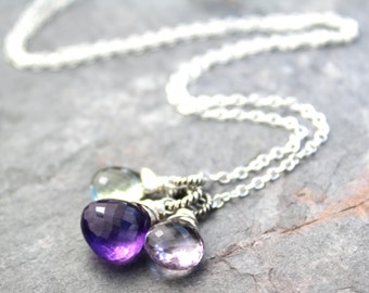 Amethyst Necklace Gemstone Trio Purple Pink Green Sterling Silver Pendant Necklace, February Birthstone