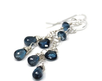 London Blue Topaz Earrings Sterling Silver Briolette Faceted Gemstone