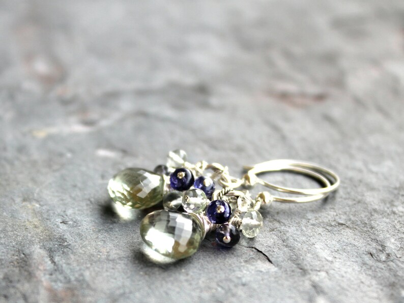 Green Amethyst Earrings Prasiolite Iolite Sterling Silver Cluster Blue Green Gemstone Earrings image 2