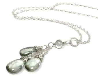 Green Amethyst Teardrop Necklace: Sterling Silver Prasiolite Trio