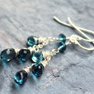 London Blue Topaz Earrings Sterling Silver Briolette Faceted Gemstone image 4