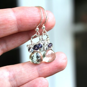 Green Amethyst Earrings Prasiolite Iolite Sterling Silver Cluster Blue Green Gemstone Earrings image 5