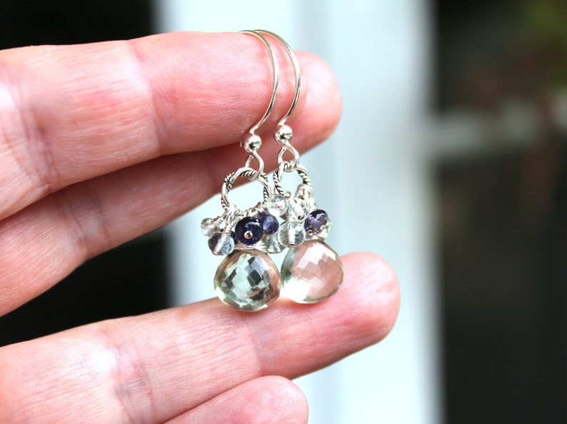 Green Amethyst Earrings Prasiolite Iolite Sterling Silver Cluster Blue Green Gemstone Earrings image 5