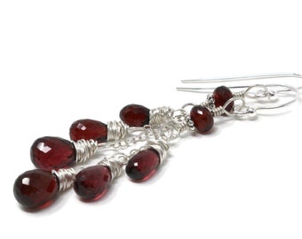 Boucles d'oreilles pendantes en grenat cascade, pierres précieuses rouges, argent sterling, pierres à facettes