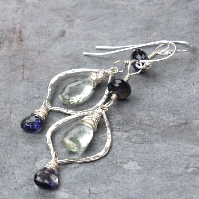 Green Amethyst Iolite Earrings Sterling Silver Hammered Lanterns Prasiolite Earrings image 5