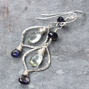 Green Amethyst Iolite Earrings Sterling Silver Hammered Lanterns Prasiolite Earrings image 6