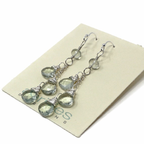 Green Amethyst Earrings Dangle Cascade Earrings, Prasiolite, Sterling Silver Waterfall
