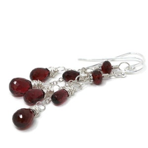 Boucles d'oreilles pendantes en grenat cascade, pierres précieuses rouges, argent sterling, pierres à facettes image 3