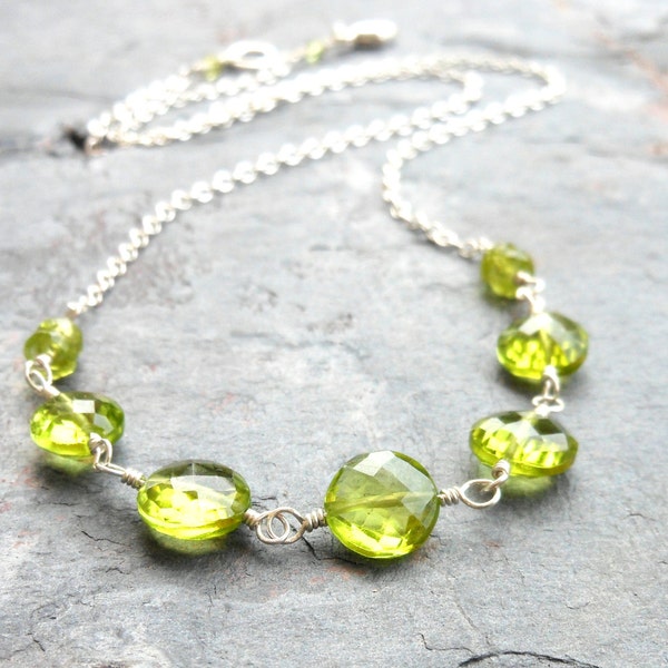 Peridot Necklace, Sterling Silver, Green Gemstone Strand Necklace, August Birthstone