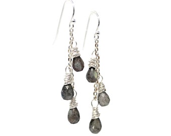 Handmade Labradorite Earrings Gemstone Sterling Silver Gray Dangle Teardrops