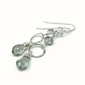 Green Amethyst Earrings Sterling Silver Hammered Circles Dangle Drop Gemstones image 2