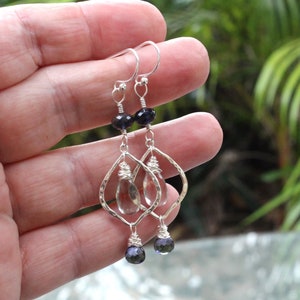 Green Amethyst Iolite Earrings Sterling Silver Hammered Lanterns Prasiolite Earrings image 7