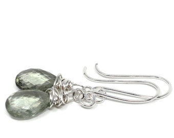 Prasiolith-Ohrringe, grüne Amethyst-Ohrringe, längliche Wirbel-Ohrhaken, Sterlingsilber