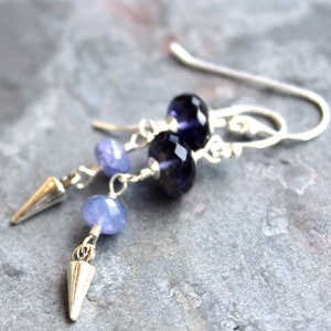 Iolite Earrings Sterling Silver Tanzanite Blue Gemestones with Dagger pointed drop dangles image 2
