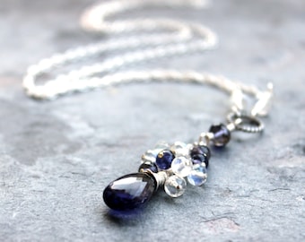 Iolite Moonstone Necklace Blue White Waterfall Cascade, Sterling Silver Gemstone Necklace