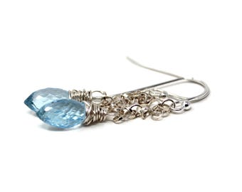 Zierliche Blautopas Ohrringe Sterling Silber Oval Tropfen Handgemacht