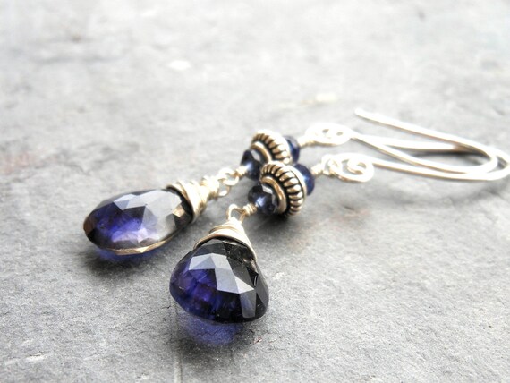 Items similar to Briolette Iolite Earrings Indigo Blue teardrops ...