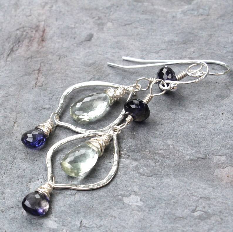 Green Amethyst Iolite Earrings Sterling Silver Hammered Lanterns Prasiolite Earrings image 1