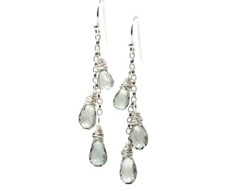 Handgemachte Grün Amethyst Ohrringe Sterling Silber Kette Kaskade Draht Gewickelt
