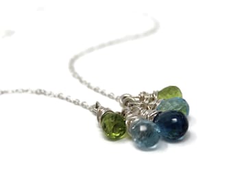 Handmade London Blautopas Halskette Anhänger Cluster Sterling Silber Teardrop Peridot November Birthstone