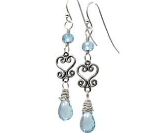Blue Topaz Earrings Sterling Silver Scroll Dangle Gemstones November Birthstone
