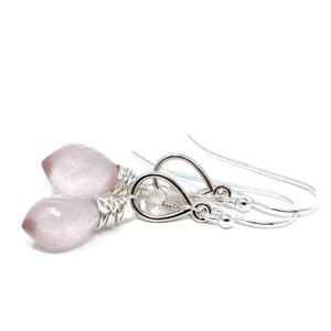 Rose Quartz Earrings Petite Pink Drop Teardrop Gemstone Earrings Sterling Silver image 1